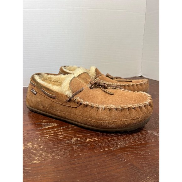 Mens L.L. Bean Shearling-Lined Suede Moccasin Slippers Size 9 Medium Brown - Picture 1 of 6